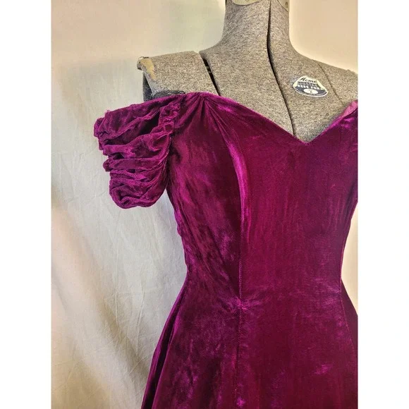 Vintage 80s Off The Shoulder Fit Flare Mini Dress Magenta Size XS Poofy Party - Picture 2 of 15